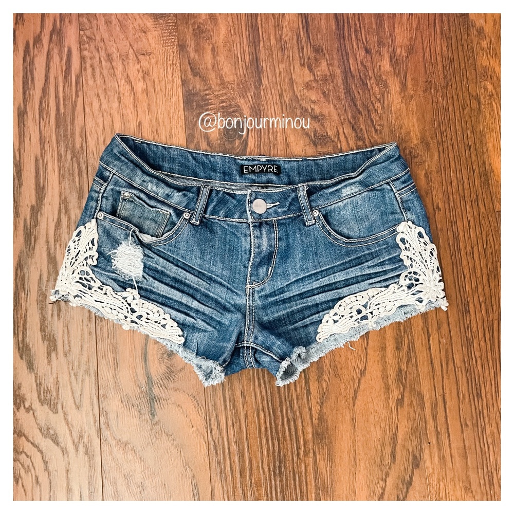 Dark Blue Denim Jeans Shorts with Crochet Detail 7